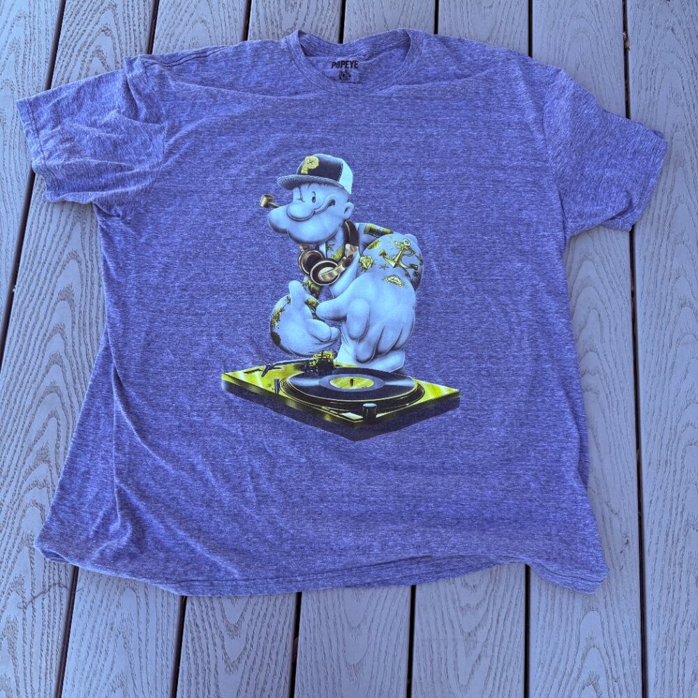 DJ Popeye Tattoo Graphic Tee 3XL Turntable Cartoon DJ Shirt Men’s Graphic